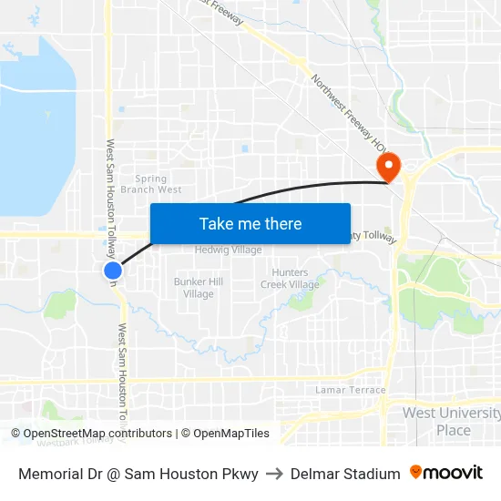 Memorial Dr @ Sam Houston Pkwy to Delmar Stadium map