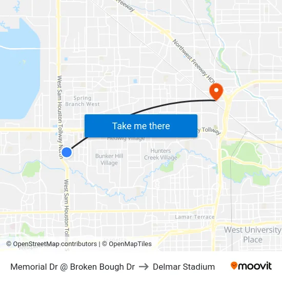 Memorial Dr @ Broken Bough Dr to Delmar Stadium map
