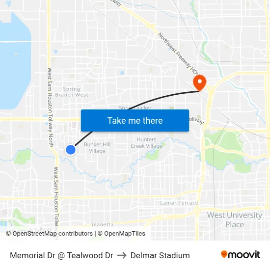 Memorial Dr @ Tealwood Dr to Delmar Stadium map