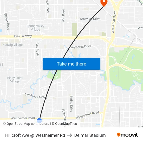 Hillcroft Ave @ Westheimer Rd to Delmar Stadium map