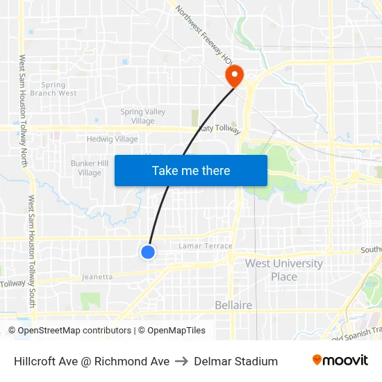 Hillcroft Ave @ Richmond Ave to Delmar Stadium map