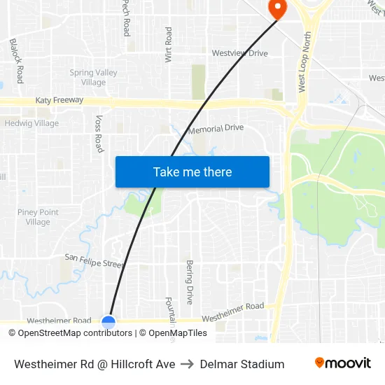 Westheimer Rd @ Hillcroft Ave to Delmar Stadium map