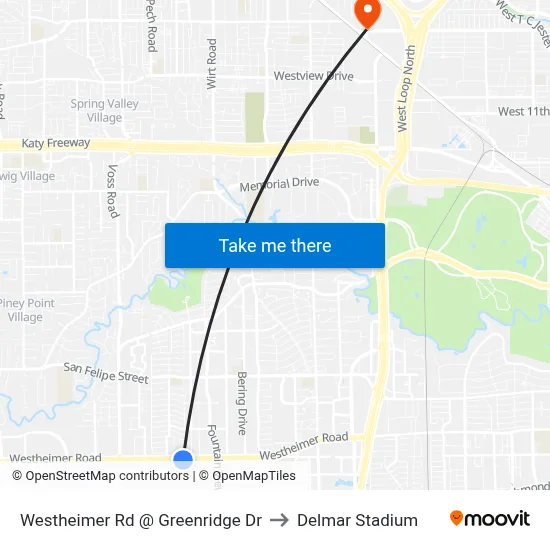 Westheimer Rd @ Greenridge Dr to Delmar Stadium map