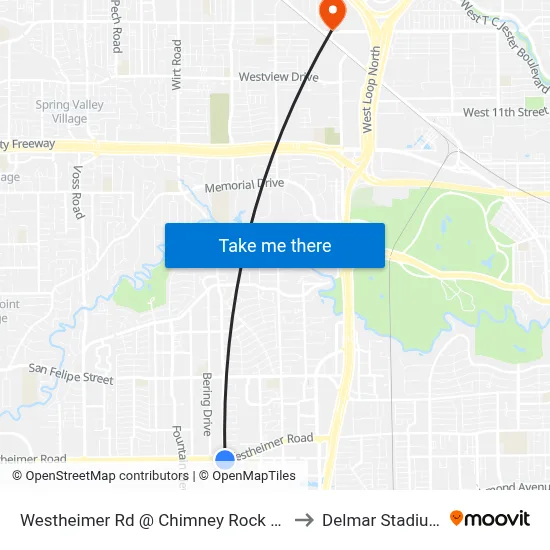 Westheimer Rd @ Chimney Rock Rd to Delmar Stadium map