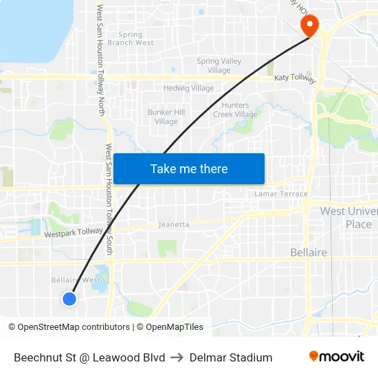 Beechnut St @ Leawood Blvd to Delmar Stadium map