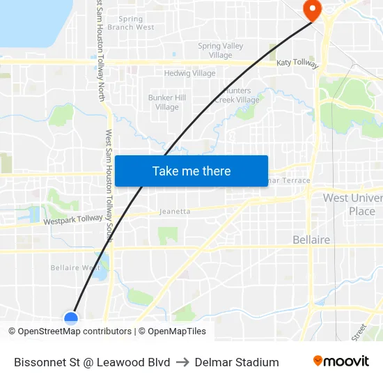 Bissonnet St @ Leawood Blvd to Delmar Stadium map