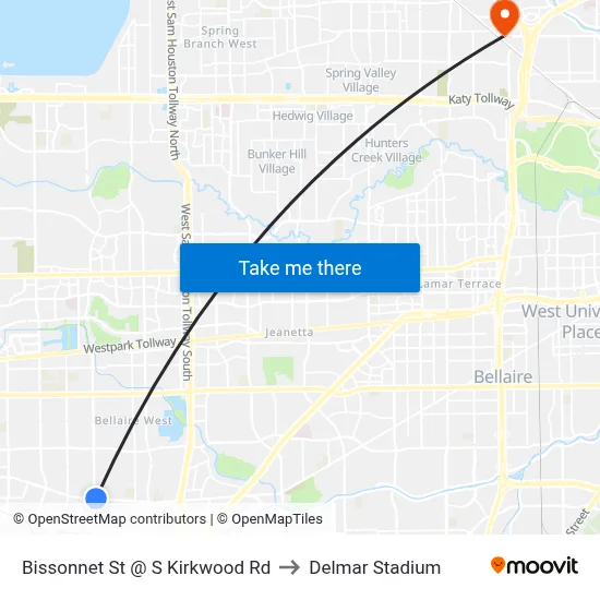 Bissonnet St @ S Kirkwood Rd to Delmar Stadium map