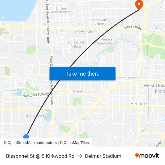 Bissonnet St @ S Kirkwood Rd to Delmar Stadium map