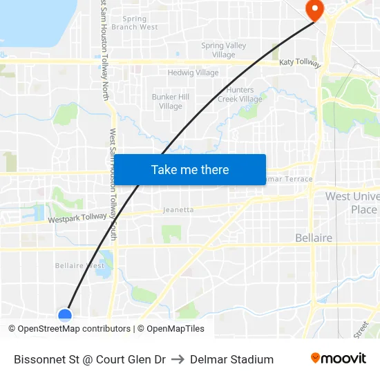 Bissonnet St @ Court Glen Dr to Delmar Stadium map