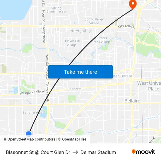 Bissonnet St @ Court Glen Dr to Delmar Stadium map