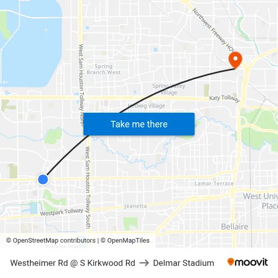 Westheimer Rd @ S Kirkwood Rd to Delmar Stadium map