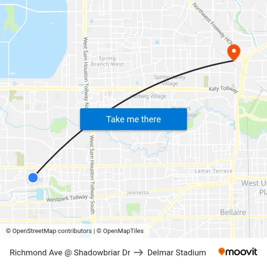 Richmond Ave @ Shadowbriar Dr to Delmar Stadium map