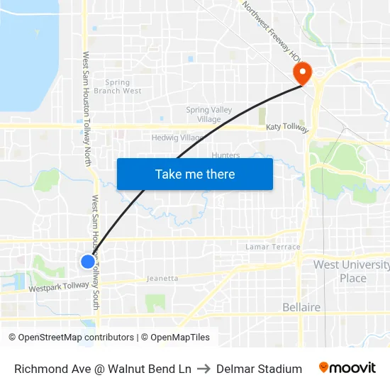 Richmond Ave @ Walnut Bend Ln to Delmar Stadium map