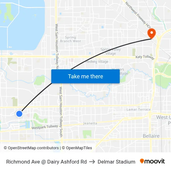 Richmond Ave @ Dairy Ashford Rd to Delmar Stadium map