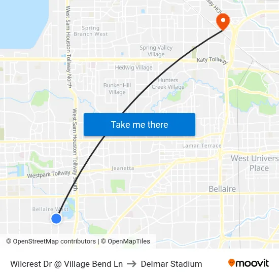 Wilcrest Dr @ Village Bend Ln to Delmar Stadium map