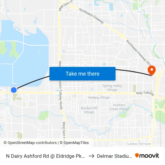 N Dairy Ashford Rd @ Eldridge Pkwy to Delmar Stadium map