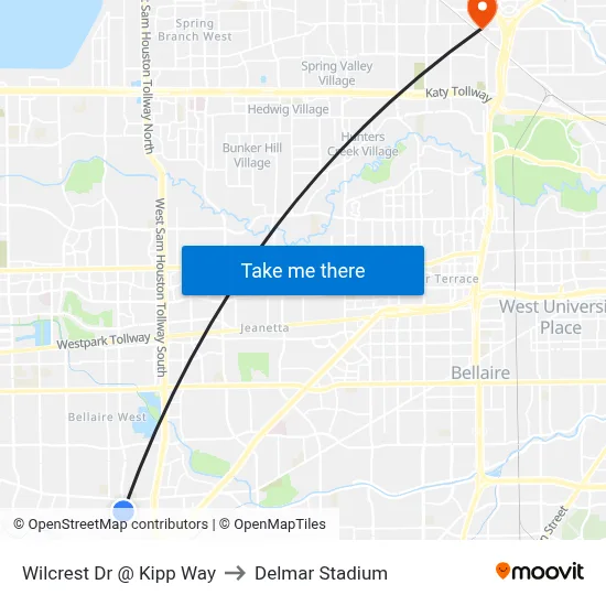 Wilcrest Dr @ Kipp Way to Delmar Stadium map