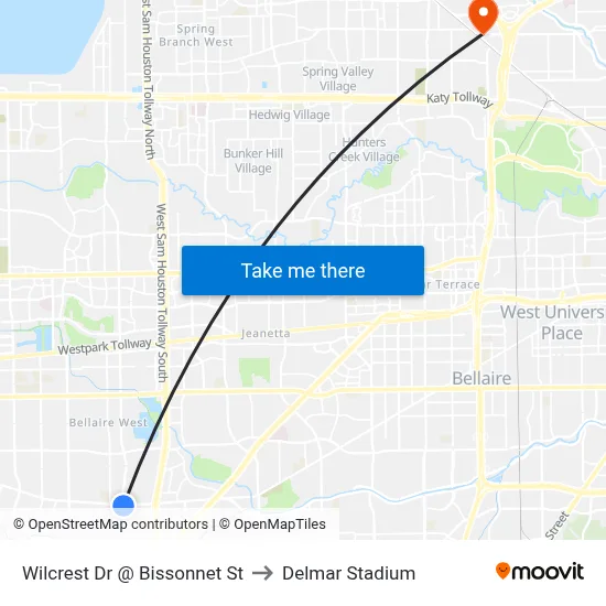 Wilcrest Dr @ Bissonnet St to Delmar Stadium map