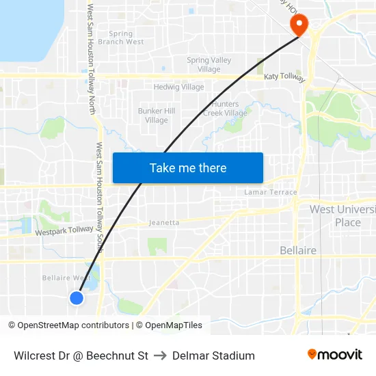 Wilcrest Dr @ Beechnut St to Delmar Stadium map