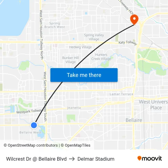 Wilcrest Dr @ Bellaire Blvd to Delmar Stadium map