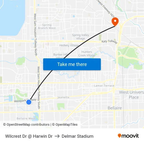 Wilcrest Dr @ Harwin Dr to Delmar Stadium map