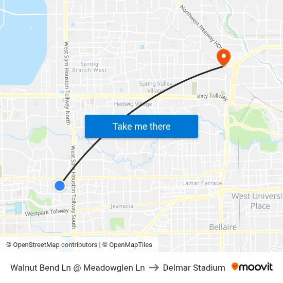 Walnut Bend Ln @ Meadowglen Ln to Delmar Stadium map