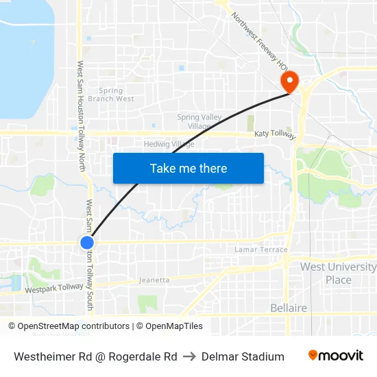 Westheimer Rd @ Rogerdale Rd to Delmar Stadium map