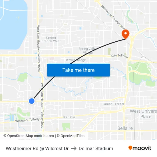 Westheimer Rd @ Wilcrest Dr to Delmar Stadium map