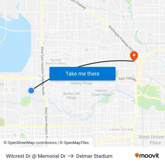 Wilcrest Dr @ Memorial Dr to Delmar Stadium map
