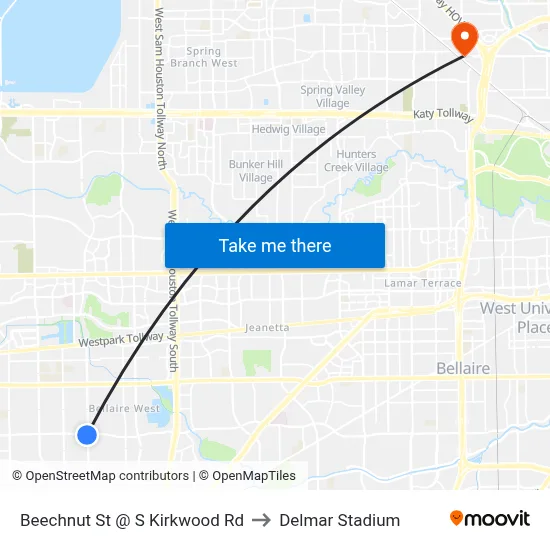 Beechnut St @ S Kirkwood Rd to Delmar Stadium map