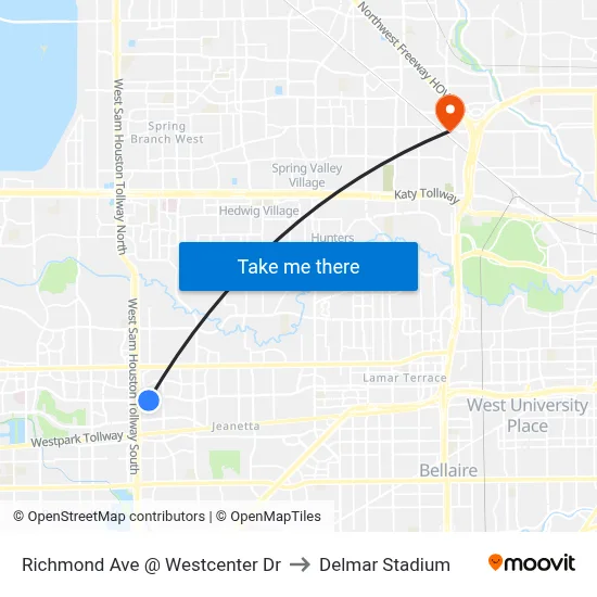 Richmond Ave @ Westcenter Dr to Delmar Stadium map