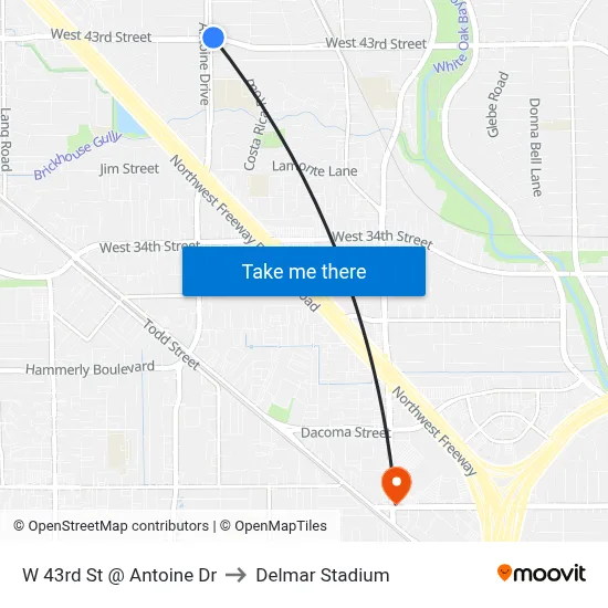 W 43rd St @ Antoine Dr to Delmar Stadium map