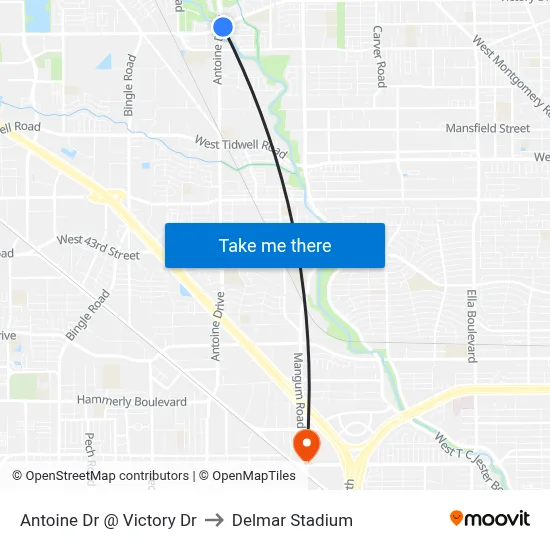 Antoine Dr @ Victory Dr to Delmar Stadium map