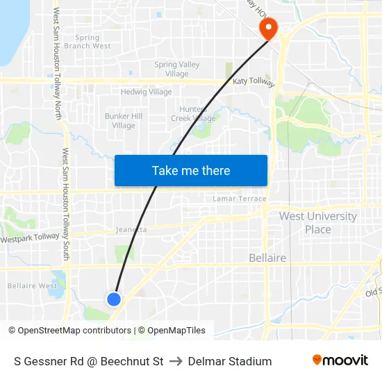 S Gessner Rd @ Beechnut St to Delmar Stadium map
