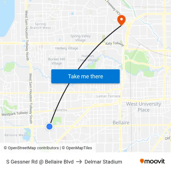 S Gessner Rd @ Bellaire Blvd to Delmar Stadium map