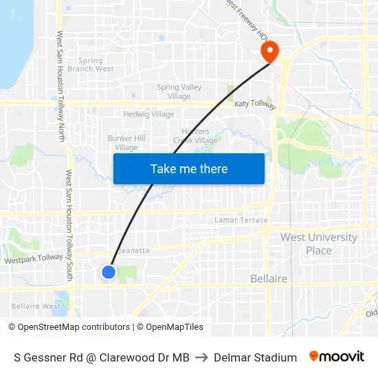 S Gessner Rd @ Clarewood Dr MB to Delmar Stadium map
