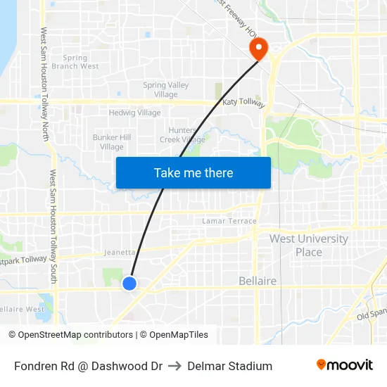 Fondren Rd @ Dashwood Dr to Delmar Stadium map