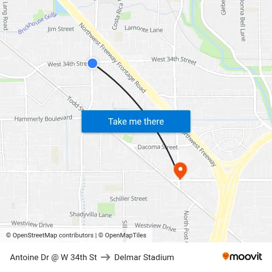 Antoine Dr @ W 34th St to Delmar Stadium map