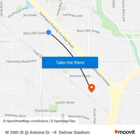 W 34th St @ Antoine Dr to Delmar Stadium map