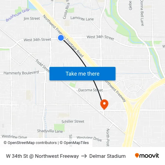 W 34th St @ Northwest Freeway to Delmar Stadium map