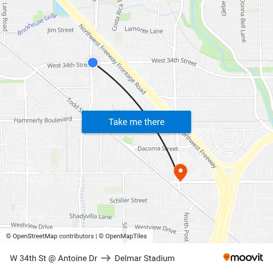 W 34th St @ Antoine Dr to Delmar Stadium map