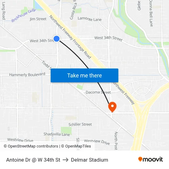 Antoine Dr @ W 34th St to Delmar Stadium map