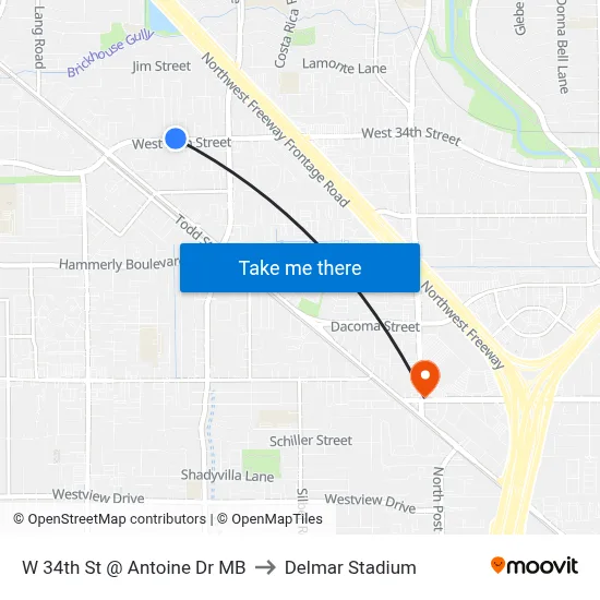 W 34th St @ Antoine Dr MB to Delmar Stadium map