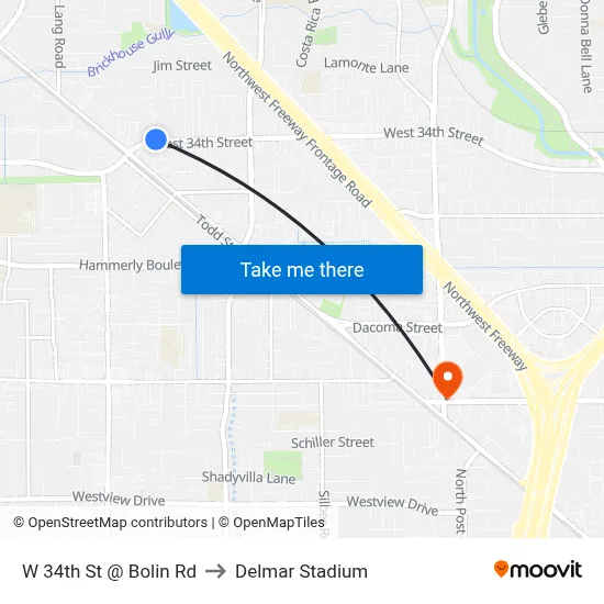 W 34th St @ Bolin Rd to Delmar Stadium map