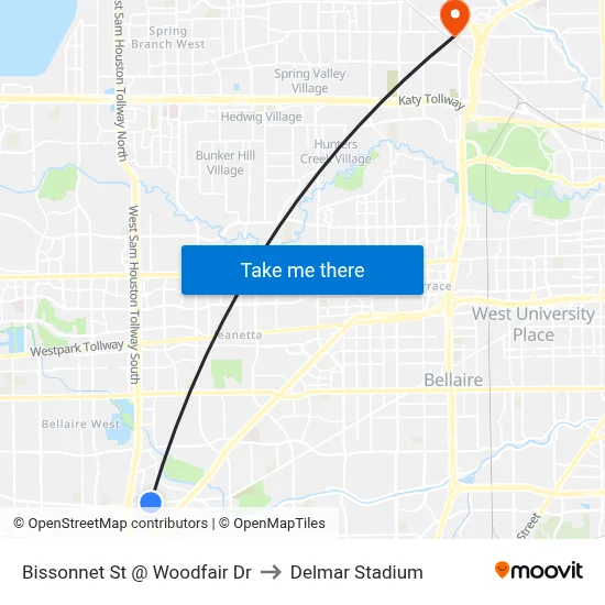 Bissonnet St @ Woodfair Dr to Delmar Stadium map