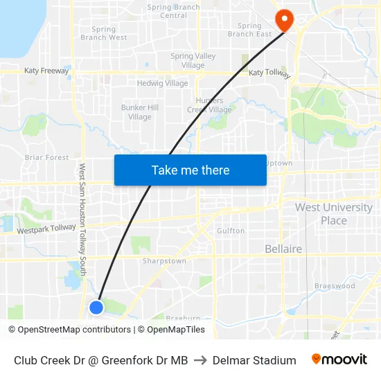 Club Creek Dr @ Greenfork Dr MB to Delmar Stadium map