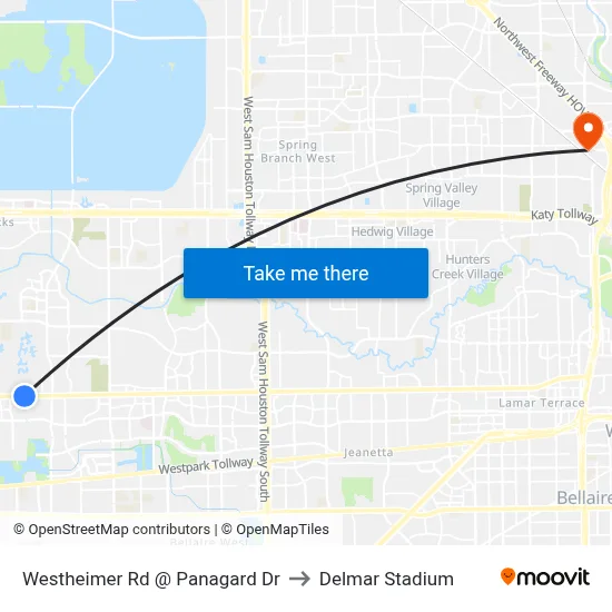 Westheimer Rd @ Panagard Dr to Delmar Stadium map