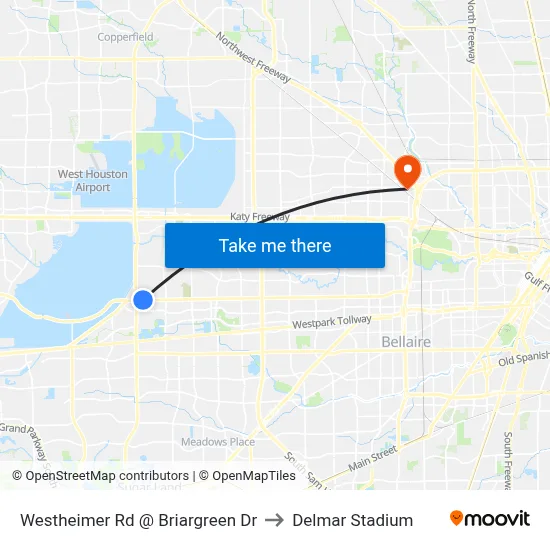 Westheimer Rd @ Briargreen Dr to Delmar Stadium map