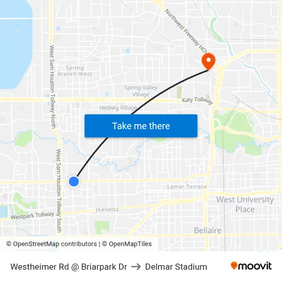 Westheimer Rd @ Briarpark Dr to Delmar Stadium map