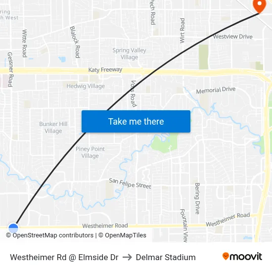 Westheimer Rd @ Elmside Dr to Delmar Stadium map